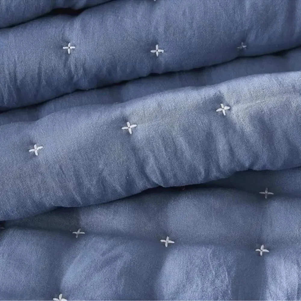 🆕 PB Style Queen Denim Blue Quilt Coverlet 3 Piece Pick Stitch Tufted Bed Set